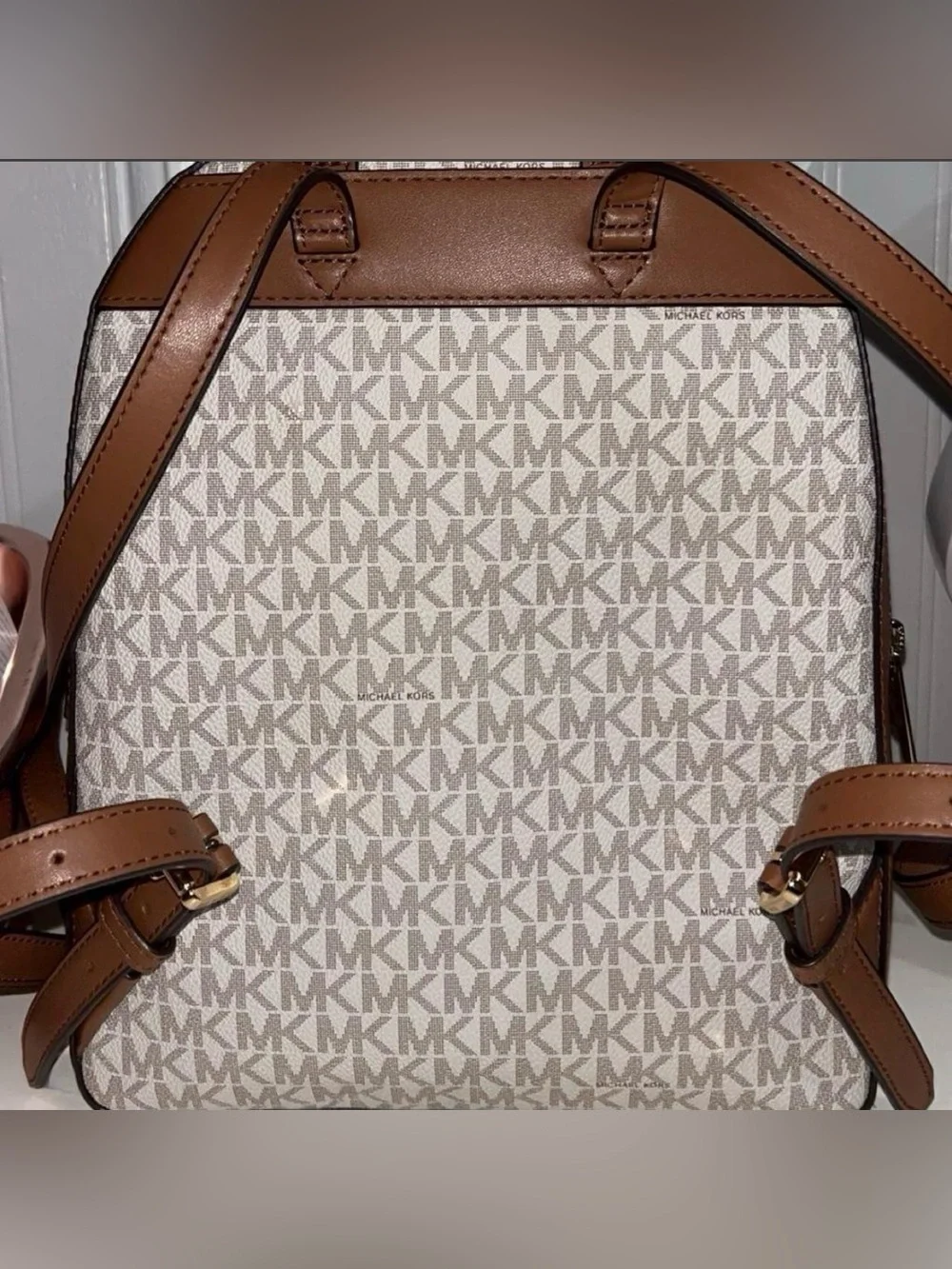 Michael Kors Ivory Monogram Backpack with Brown Trim